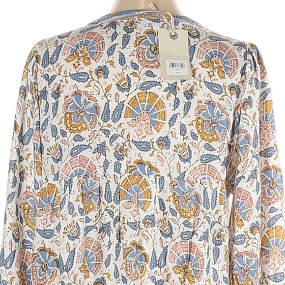 Lucky Brand size SP blouse blue & ivory BOHO 3/4 sleeves w keyhole & tassel ties - Picture 7 of 15